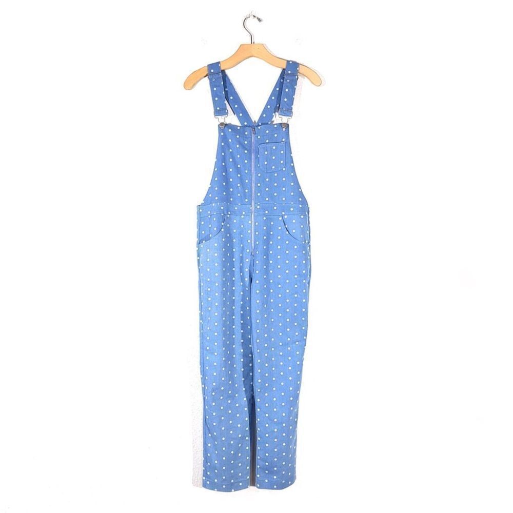 STORIA Polka Dot Denim Overalls Ankle Cropped Jumpsuit Boho Patch Pocket Small